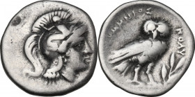 Greek Italy. Southern Apulia, Tarentum. AR Drachm, c. 280-272 BC. Struck during the Phyrric Wars. Obv. Helmeted head of Athena right, helmet decorated...
