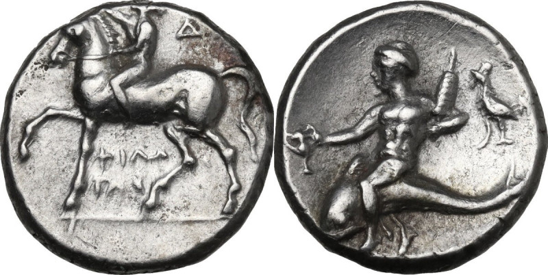 Greek Italy. Southern Apulia, Tarentum. AR Nomos, c. 272-240 BC. Obv. Nude youth...