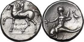 Greek Italy. Southern Apulia, Tarentum. AR Nomos, c. 272-240 BC. Obv. Nude youth crowning horse left; ΔI to right, ΦIΛΩ/TAΣ in two lines below. Rev. T...