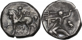 Greek Italy. Southern Apulia, Tarentum. AR Nomos, 275-235 BC. Obv. Nude youth on horseback left, crowning his horse. Rev. Phalanthos riding on dolphin...
