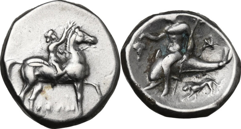 Greek Italy. Southern Apulia, Tarentum. AR Nomos, c. 272-240 BC. Obv. Youth on h...