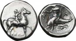 Greek Italy. Southern Apulia, Tarentum. AR Nomos, c. 272-240 BC. Obv. Youth on horseback right, crowning horse with wreath; ΛEΩN below. Rev. Taras rid...