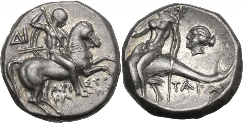 Greek Italy. Southern Apulia, Tarentum. AR Nomos, 272-235 BC. Obv. Horseman righ...