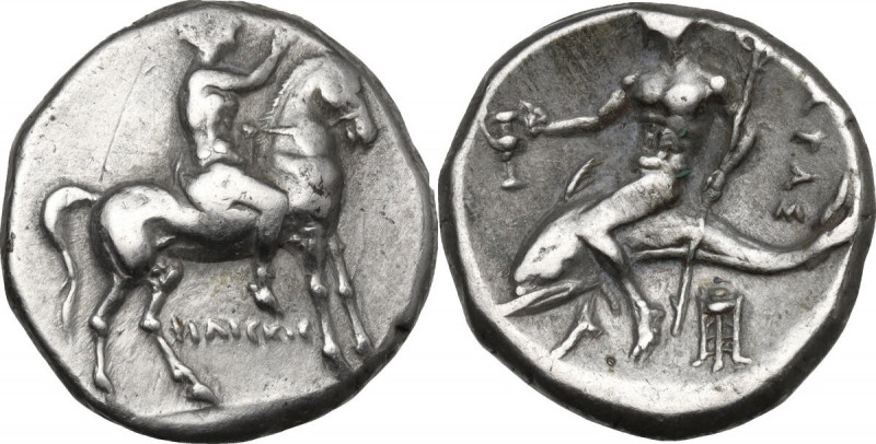 Greek Italy. Southern Apulia, Tarentum. AR Nomos, c. 272-240 BC. Obv. Nude youth...
