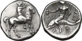 Greek Italy. Southern Apulia, Tarentum. AR Nomos, c. 272-240 BC. Obv. Nude youth, crowning horse and holding rein, on horseback right; ΦIΛICKOC below....