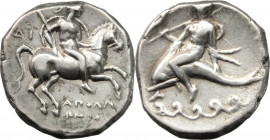 Greek Italy. Southern Apulia, Tarentum. AR Nomos, circa 272-240 BC. Obv. Warrior on horseback right, holding shield and spear. Rev. Phalanthos riding ...