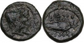 Greek Italy. Northern Lucania, Paestum. AE Triens, c. 1st cent BC. Obv. Head of Dioskuroi right, around laurel wreath. Rev. Corn-ear at right, LEX - X...