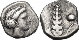 Greek Italy. Southern Lucania, Metapontum. AR Stater, 400-340 BC. Obv. Head of Demeter right. Rev. Ear of barley, leaf right; to right, pomegranate. H...
