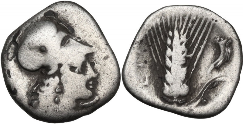 Greek Italy. Southern Lucania, Metapontum. AR Diobol, 325-275 BC. Obv. Helmeted ...