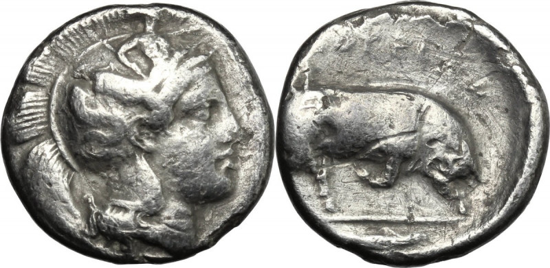 Greek Italy. Southern Lucania, Thurium. AR Stater, 400-350 BC. Obv. Head of Athe...