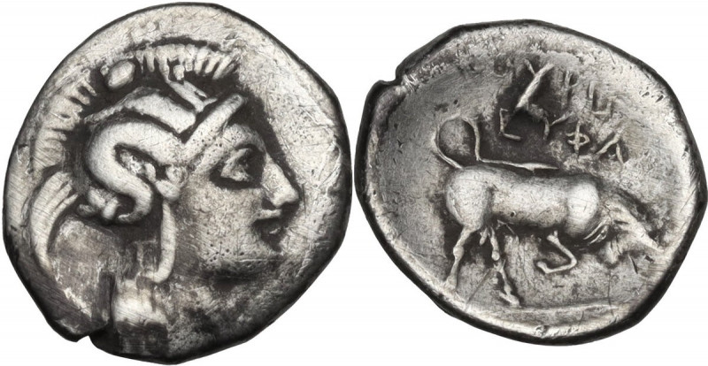Greek Italy. Southern Lucania, Thurium. AR Triobol, 350-300 BC. Obv. Head of Ath...