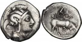 Greek Italy. Southern Lucania, Thurium. AR Triobol, 350-300 BC. Obv. Head of Athena right, wearing helmet decorated with Scylla. Rev. Bull butting rig...