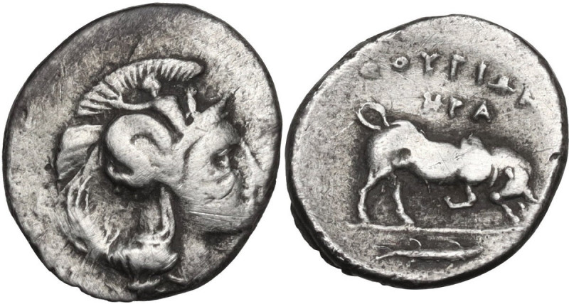 Greek Italy. Southern Lucania, Thurium. AR Triobol, 350-300 BC. Obv. Head of Ath...