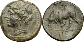 Greek Italy. Southern Lucania, Thurium. AE 17mm, 3rd century BC. Obv. Head of Demeter left, wearing wreath. Rev. Bull charging left. HN Italy 1932. AE...