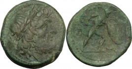 Greek Italy. Bruttium, The Brettii. AE Reduced uncia, 211-208 BC. Obv. Head of Zeus right, laureate. Rev. Warrior striding right, holding spear and la...