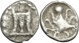 Greek Italy. Bruttium, Kroton. AR Obol, 525-425 BC. Obv. Tripod. Rev. Octopus. Cf. HN Italy 2128 (Triobol). AR. 0.39 g. 9.00 mm. About VF.
