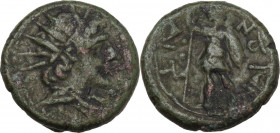 Sicily. Aitna. Roman Rule. AE Tetras, 210-150 BC. Obv. Radiate and draped bust of Helios right. Rev. Warrior standing left, holding spear and shield. ...
