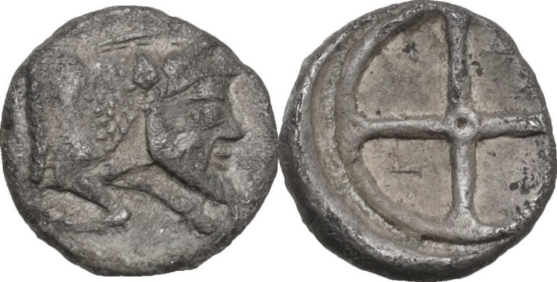 Sicily. Gela. AR Obol, 480-470 BC. Obv. Forepart of man-headed bull right. Rev. ...