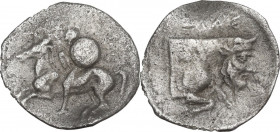 Sicily. Gela. AR Litra, 430-425 BC. Obv. Horseman left, holding spear and shield. Rev. Forepart of man-headed bull right. SNG ANS 82; SNG Cop. 275. AR...