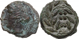 Sicily. Himera. AE Hemilitron, c. 415-409 BC. Obv. IM-[E] Head of nymph left; six pellets before. Rev. Six pellets within wreath. CNS I 35; HGC 2 479....