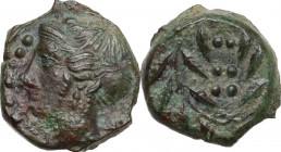 Sicily. Himera. AE Hemilitron, c. 415-409 BC. Obv. [IM-E] Head of nymph left; six pellets before. Rev. Six pellets within wreath. CNS I 35; HGC 2 479....