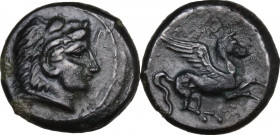 Sicily. Kephaloedium. AE 13 mm. c.305-280 BC. Obv. Head of Herakles right, wearing lion’s skin. Rev. Pegasos flying right. HGC 2 653; CNS I 3; Campana...