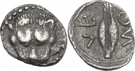 Sicily. Leontini. AR Litra. 460-450 BC. Obv. Lion's head facing. Rev. Grain of barley. SNG ANS 213; SNG Cop. 342; SNG München 546. AR. 0.31 g. 9.00 mm...