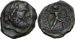Sicily. Messana. The Mamertinoi. AE Pentonkion, 200-55 BC. Obv. Laureate head of Zeus right. Rev. Warrior striding right, attacking with spear and hol...