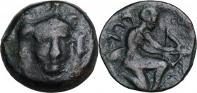 Sicily. Solous. AE 13 mm, 4th century BC. Obv. Helmeted head of Athena facing slightly right. Rev. Archer kneeling right. CNS I 5. AE. 1.94 g. 13.00 m...