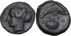Sicily. Syracuse. Deinomenid Tyranny (485-466 BC). AE Hemilitron, c. 415-405 BC. Obv. Head of Arethusa left. Rev. Dolphin right; below, cockle shell. ...