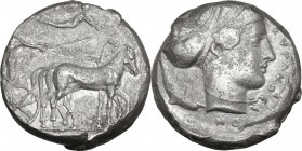 Sicily. Syracuse. Second Democracy (466-405 BC). AR Tetradrachm. Obv. Charioteer right; above, Nike flying right. Rev. Head of Arethusa right, surroun...