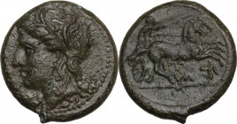 Sicily. Syracuse. Fourth Democracy (c. 289-287 BC). AE 21 mm. Obv. Head of Persephone left, wearing wreath of grain. Rev. Biga right; below horses, tr...