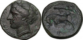 Sicily. Syracuse. Hieron II (274-215 BC). AE 19 mm. Obv. Head of Persephone left, wearing wreath of grain. Rev. Bull butting left; above, club and T; ...