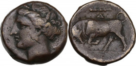 Sicily. Syracuse. Hieron II (274-215 BC). AE 19 mm. Obv. Head of Persephone left, wearing wreath of grain. Rev. Bull butting left; above, club and A; ...