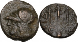 Continental Greece. Macedon, Potidaia. AE 12 mm, 400-356 BC. Obv. Helmeted head of Athena left. Rev. Ornamented trident. Cf. HGC 3 653 (head right); C...