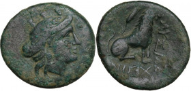 Continental Greece. Thrace, Lysimacheia. AE 22 mm, 309-220 BC. Obv. Turreted head of Tyche right. Rev. Lion seated right; above, ear of barley. SNG Co...