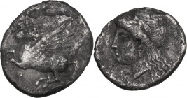 Continental Greece. Corinthia, Corinth. AR Drachm, 345-307 BC. Obv. Pegaus flying left, below, koppa. Rev. Head of nymph Peiene right. SNG Cop. 89. AR...