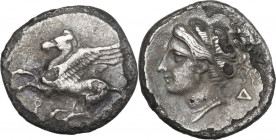 Continental Greece. Corinthia, Corinth. AR Drachm, c. 330 BC. Obv. Pegasus flying left; below, koppa. Rev. Head of the nymph Peirene left; behind, Δ. ...