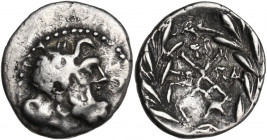 Continental Greece. Peloponnesos, Achean League. AR Hemidrachm, 86 BC, Patrai mint. Obv. Laureate head of Zeus right. Rev. Monogram of the Achean Leag...