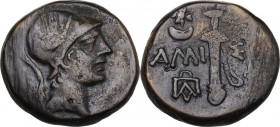 Greek Asia. Pontos, Amisos. Time of Mithradates VI (c. 119-63 BC). AE 19 mm. Obv. Helmeted head of Ares right. Rev. Sword; to left, star above crescen...