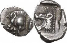 Greek Asia. Mysia, Kyzikos. AR Obol, c. 450-400 BC. Obv. Forepart of boar left; to right, tunny upward. Rev. Head of lion left, within incuse square. ...