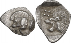 Greek Asia. Mysia, Kyzikos. AR Hemiobol, 5th century BC. Obv. Forepart of boar left; behind, tuna. Rev. Head of lion left; above, star; all in incuse ...