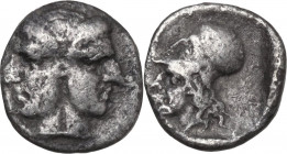 Greek Asia. Mysia, Lampsakos. AR Obol, 500-450 BC. Obv. Janiform female head. Rev. Helmeted head of Athena left, within incuse square. SNG BN 1127-113...