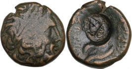 Greek Asia. Mysia, Pergamon. AE 19 mm, 200-113 BC. Obv. Laureate head of Zeus right. Rev. Serpent entwined staff of Asklepios; c/m owl. Cf. SNG BN 183...