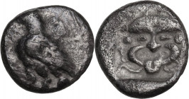 Greek Asia. Troas, Abydos. AR Obol, 480-450 BC. Obv. Eagle standing left. Rev. Gorgoneion within incuse square. SNG Cop. 4. AR. 0.79 g. 9.00 mm. Toned...