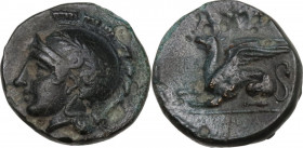 Greek Asia. Troas, Assos. AE 10 mm, 400-241 BC. Obv. Head of Athena left, wearing helmet decorated with wreath. Rev. Griffin seated left. SNG Tübingen...