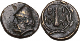 Greek Asia. Troas, Birytis. AE 11 mm, 350-300 BC. Obv. Head of Kabeiros left, wearing pileus. Rev. Club within laurel wreath. SNG Cop. 250. AE. 1.35 g...