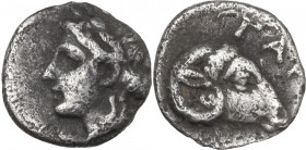 Greek Asia. Troas, Gargara. AR Hemiobol, 400-350 BC. Obv. Laureate head of Apollo left. Rev. Head of ram right. SNG von Aulock 7597; Traité II, 2285, ...