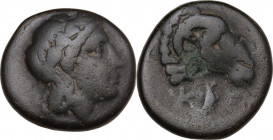 Greek Asia. Troas, Kebren. AE 16 mm, 350-310 BC. Obv. Laureate head of Apollo right. Rev. Head of ram right; below, eagle standing right flanked by K-...