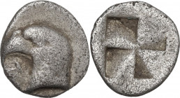 Greek Asia. Aeolis, Kyme. AR Hemiobol, 450-400 BC. Obv. Head of eagle left. Rev. Incuse square with windmill pattern. SNG Cop. 31. AR. 0.41 g. 8.00 mm...